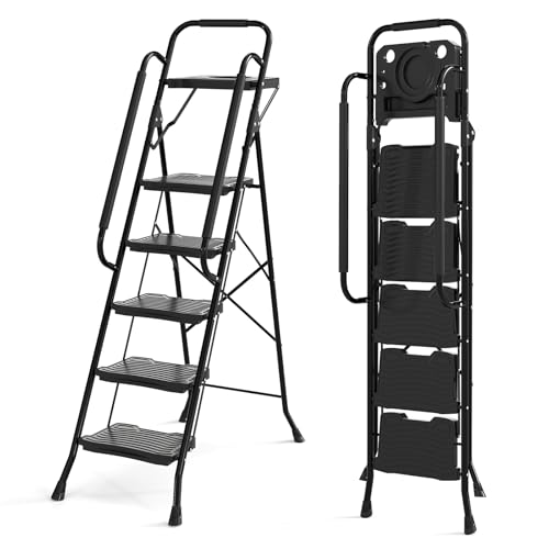 COSTWAY Escabeau Métallique 5 Marches avec Plateau Porte-Outils, Échelle Pliante avec Pédales Larges Antidérapantes Patins Main Courante pour Maison Cuisine Bureau