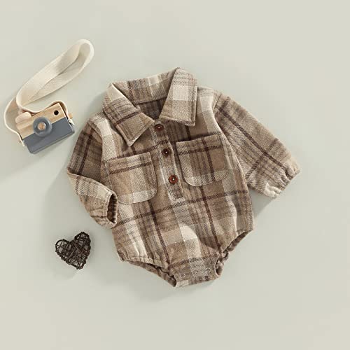 Baby Boy Plaid Shirt Romper Flannel Long Sleeve Oversized Tops Infant Button Down Fall Clothes (Coffee,0-6 Months) #TOP6