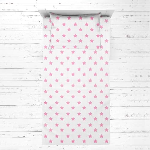 Bacati - Muslin Ikat Stars 3 Piece Girls Toddler Bed Sheet Set 100 Percent Cotton Includes Fitted Sheet, Top Sheet, and Pillow Case (3 pc Toddler Bed Sheet Set, Pink Stars)