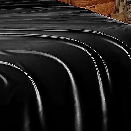 Image of Ersmak Satin Flat Sheet Only, Single Flat Sheet Queen, Luxury & Ultra Soft Silky Bedding Top Sheet for Queen Mattress - Black