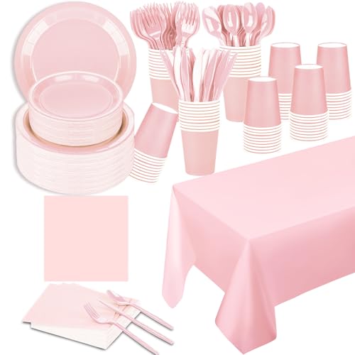 TWOWYHI 229PCS Pink Party Supplies Set Paper Disposable Plates Cups Plastic Spoons Forks Knives Pink Napkins for 30 Guests Disposable Party Dinnerware Sets for Wedding Birthday Parties