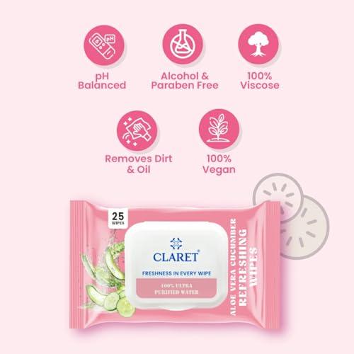 Image of Claret Refreshing Wet Wipes With Aloe Vera & Cucumber For Face & Body | 25 Pulls | 100% Ultra Purified Water | pH Balanced & Alcohol-Free (Pack Of 3)