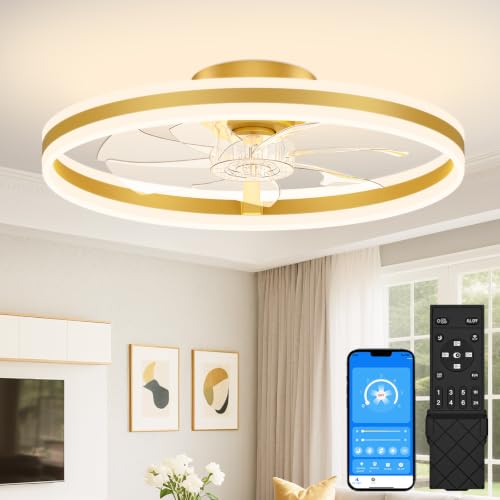 Image of VOLISUN Low Profile Ceiling Fans with Lights and Remote, 24in Flush Mount Ceiling Fans with Light, 3000K-6500K Dimmable Fandelier LED Fan Light, Gold Bladeless Ceiling Fans with Lights for Bedroom