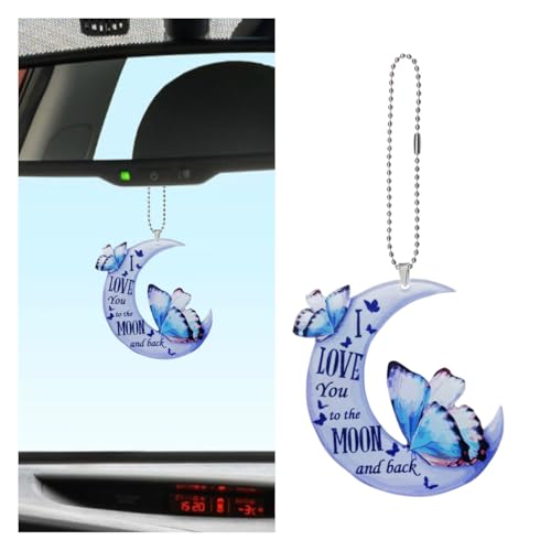 Butterfly Car Rearview Mirror Accessories - 2D Flat Car Rear View Mirror Charm - Lovely Moon Car Interior Mirror Hanging Pendant - Christmas Tree Ornament Car Decoration for Men Women (Blue)