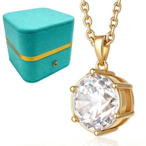 Caelishel 14K Gold Plated Solitaire Necklace, 10.5mm Round Cubic Zirconia Pendant, Hypoallergenic Delicate Adjustable Collarbone Chain(Gold white)