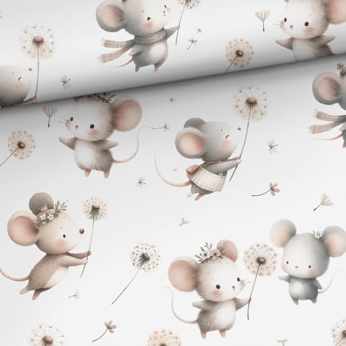 50×150 cm Tissu Souris – coton 100 % – tissu pour filles avec petites souris et fleurs – tissus à coudre pour enfants & bébés – tissus en coton...