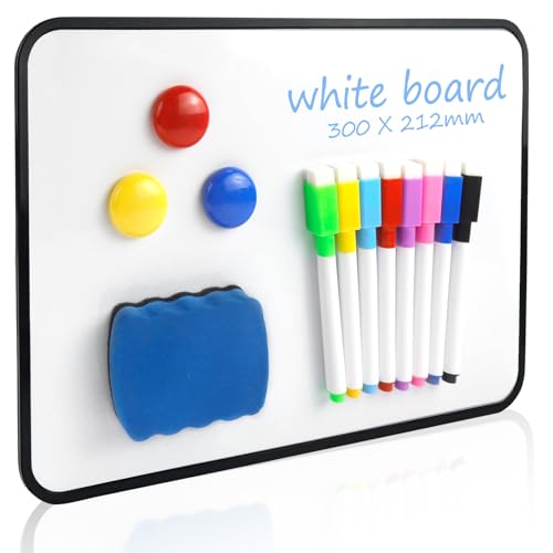Whiteboard Klein 30 x 21 cm Doppelseitige Whiteboard Magnetisch Trocken Abwischbare Tafel Weiß A4 Schreibtafel mit 8 Stiften 3 Magneten und 1Radiergummi für Küche Schule Büro