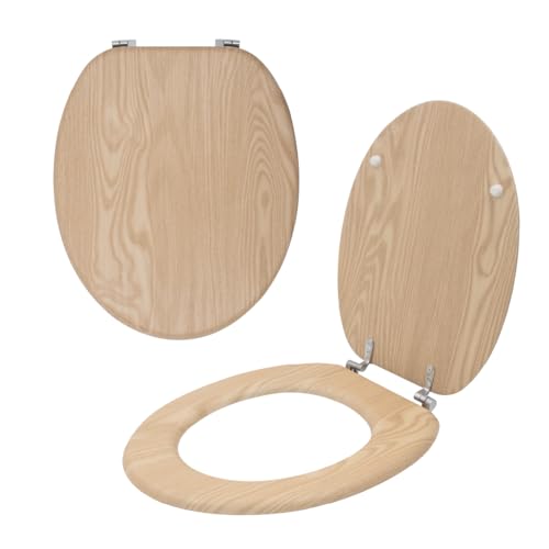 Anika Toilet Seat/Chrome Plated Hinges/Easy Installation / 43cm x 37.5cm (Light Oak Effect)