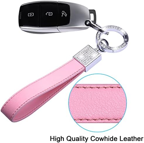 wisdompro Crystal Car Keychain for Women, Genuine Leather Key FOB Keychain Key Chain Accessories with Bling Rhinestones and 2 Key Rings for Car Key FOB