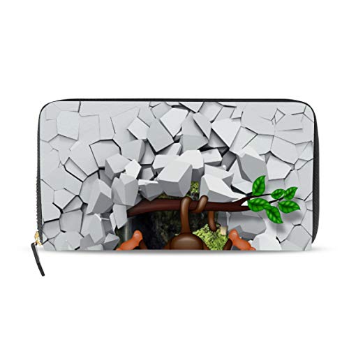 Portefeuille long en cuir pour femme avec motif singe 3D et fermeture éclair