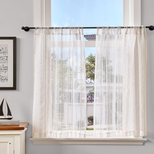 TOPICK Striped Voile Net Kitchen Curtains Flax Texture 36 Inch Drop Sheer Light Filtering Cafe Curtains Short Curtain Tiers for Bathroom Living Room Small Windows Cupboard Rod Pocket 2 Panels Crude