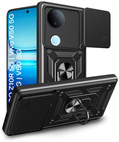 Image of WOW IMAGINE Tough Armor Bumper Mobile Back Case for iQOO Z10R 5G | Vivo V50 5G | V50e 5G | Sliding Camera Cover | Shock Proof 360 Protection | Hybrid PC + TPU | Ring Holder with Kickstand - Black