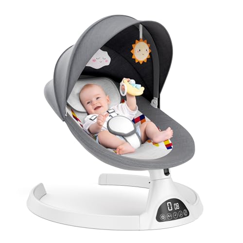 Baby Swing – 5 Sway Speeds with 12 Lullabies, Bluetooth, Portable Rocker, Soft Fabrics, 3 Timer Settings, Remote Control, for Infants 5-20Lb, Gray