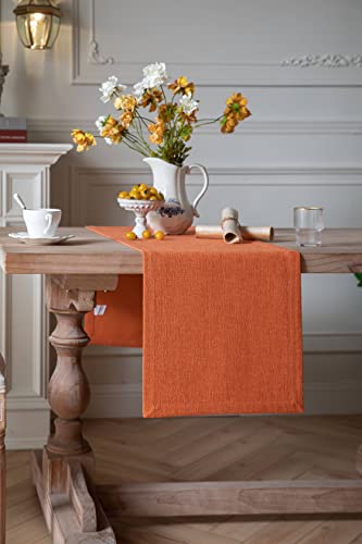 Image of ZeeMart Burlap Style Farmhouse Table Runners 90 Inches Long, Burnt Orange Rustic Woven Dining Table Runner for Everyday Use, 14x90 Inches, Harvest Pumpkin