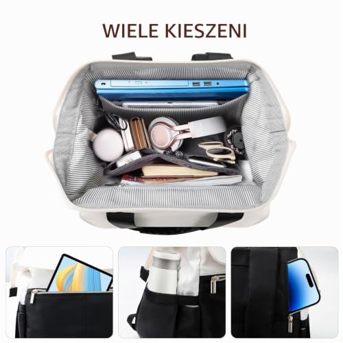 Cozary Plecak damski - stylowy i wodoodporny plecak na laptopa 15,6 cala, plecak PC, elegancki plecak na laptopa, do pracy, nauki, podróży i wypoczynku, Beżowy i czarny, 22L
