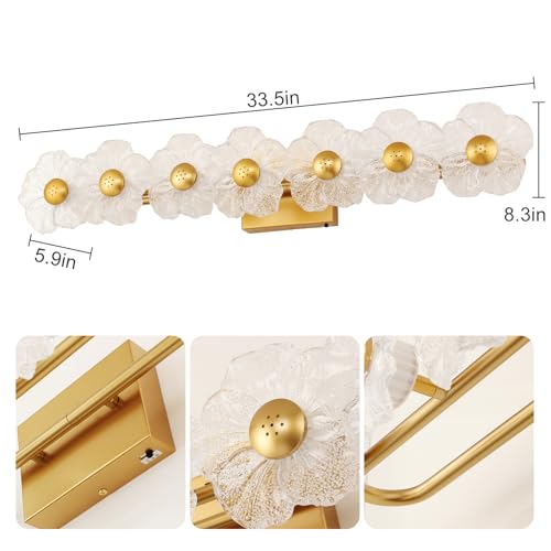 Image of MantoLite 33.46'' Bathroom Light Fixtures Modern Vanity Light Over Mirror Adjustable 3000K-6000K Picture Lights Art Light with Floral Clear Glass Shades for Living Room Bedroom (7 Light Gold)