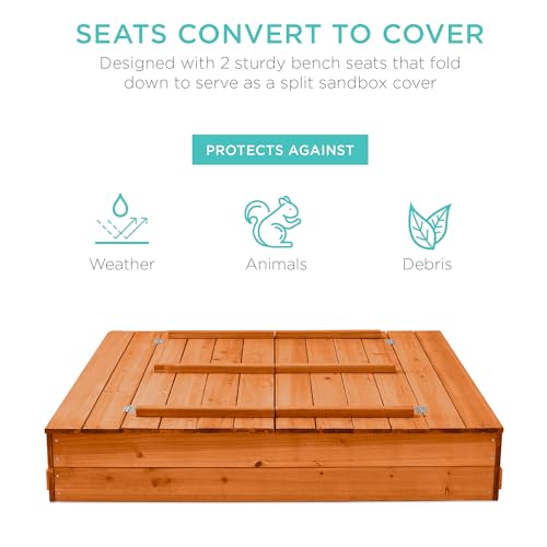 Image of Best Choice Products Large Outdoor Wooden Sand Box for Kids, Sandbox with Cover, Bench Seats Support up to 220 lbs, Bottom Liner for Drainage, Cedar Wood - Brown