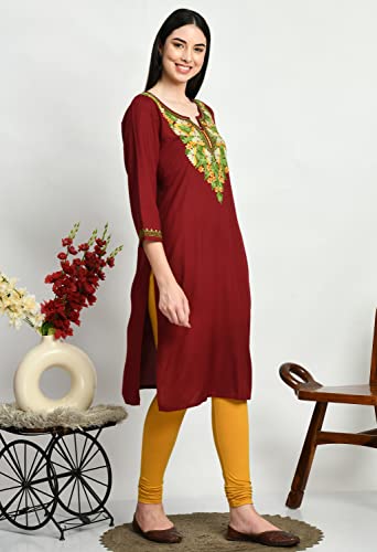 Image of QAZMI Women's Rayon Cotton Keyhole Neck Three-Quarter Sleeves Kashmiri Embroidered Straight Kurta