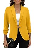 CRAZY GRID Women 3/4 Sleeve Blazer Work Professional Blazer Jacket Office Fashion Business Casual Suit Jacket One Button Light Stretch Blazer Jacket Plus Size Oversize Yellow 2XL