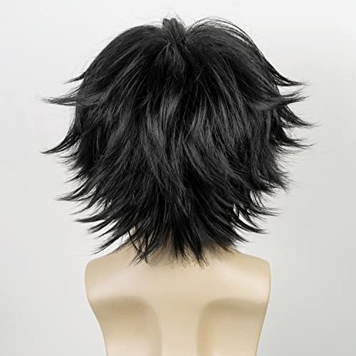 LABEAUTÉ Short Black Cosplay Wig Male Men Anime Layered Unisex Heat Resistant Hair Wig with Bangs for Party and Halloween for Gift + Free Cap by LABEAUTÉ - Image 3