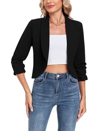 MINTLIMIT Cropped Blazers for Women 3/4 Ruched Sleeve Open Front Cardigan Casual Work Office Blazer Suit Jacket