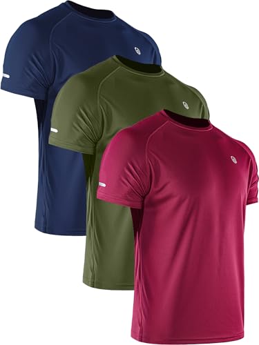NELEUS Men's 3 Pack Athletic Shirt Dry Fit Gym Workout Running Shirts Moisture Wicking,5016,Red/Olive Green/Navy Blue,XL
