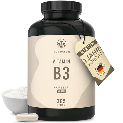 Vitamin B3 Niacin - Hochdosiert: 500mg Nicotinamid - 365 Kapseln - 1 Jahr Vorrat - Flushfree - unterstützt Energiestoffwechsel Haut und Nerven* - Vegan & Deutsche Produktion - TRUE NATURE