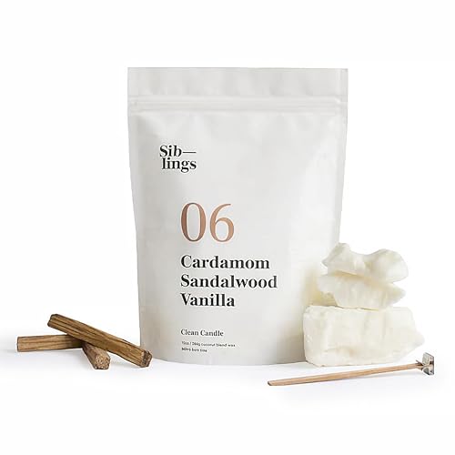 Siblings Candle Refill Kit – DIY Coconut Soy Wax Candle Making Kit for Reusable Vessels – Non-Toxic Clean Burn, Wooden Wick – Scent No 06: Cardamom, Sandalwood, Vanilla – 60 Hour Burn