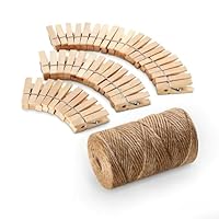100 Stück Mini Holzklammern 3,5cm mit 100M Juteschnur, Kleine Wäscheklammern Holz Bastelschnur für Fotogirlande, Kleine Klammern Fotoseil zum Aufhängen von Fotos, Postkarten, Kleidung, DIY-Dekoration