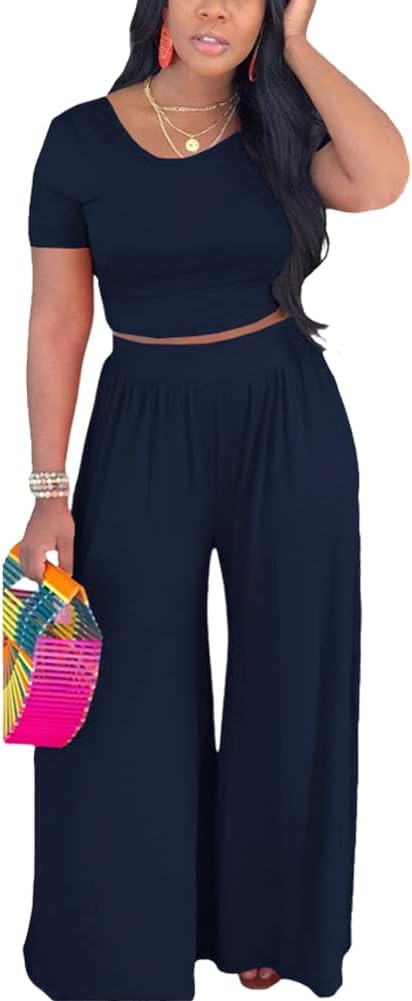 HBQ Two Piece Outfits For Women Casual Sweat Suits Backless Short Sleeve Crop Tops Wide Leg Pants Lounge Sets Tracksuit-Dark Blue-M