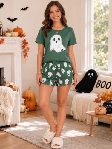 UNIQUEONE Women Halloween Pajamas Ghost Short Sleeve Sleepwear Lounge Set - image 3