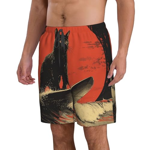 Men Swim Trunks Beach Shorts Swimwear Summer Bathing Suits - Cat Surf Retro Art2