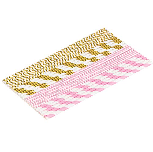 Image of Paper Straws 200 Pack Biodegradable Gold and Pink Striped Design 8.25 inch Straw for Everyday /Birthday Party /Baby Shower /Wedding /Anniversary and Parties, Long Lasting - by DuraHome (200 Pack, Gold & Pink)