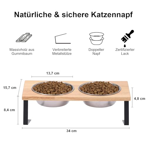 FUKUAMRU Katzennapf Erhöht, Rutschfester Fressnapf aus Edelstahl in Lebensmittelqualität & Gummiholz, 15° Neigung Futterstation für Katzen und Hunde, Napfset