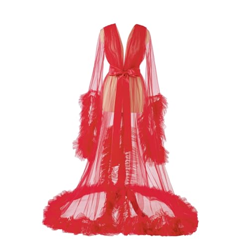 Image of Women's Long Bridal Robes Tulle Lingerie Maternity Bathrobe Photoshoot Illusion Wedding Scarf Party Nightgown