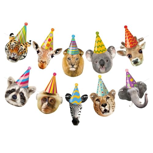 Safari Animals Happy Birthday Banner – Jungle Zoo Animal Decorations with 10 Safari Characters and Ribbon – Forest Theme Party Supplies for Kids Birthday, Wild Jungle Baby Shower, Zoo Party Decor