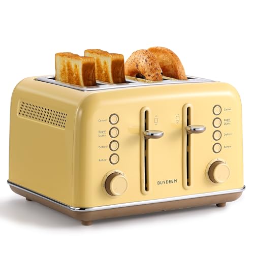 Image of BUYDEEM DT640 Retro 4 Slice Toaster, 7 Shade Settings, Extra Wide 1.5'' Slots, Stainless Steel Toaster with Bagel Muffin Defrost Reheat Function, Yellow