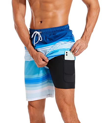 Difficort Mens Swim Trunks With Compression Liner Quick Dry Bathing Suits Shorts With Zipper Pockets,Blue & White Stripe,Medium #TOP5