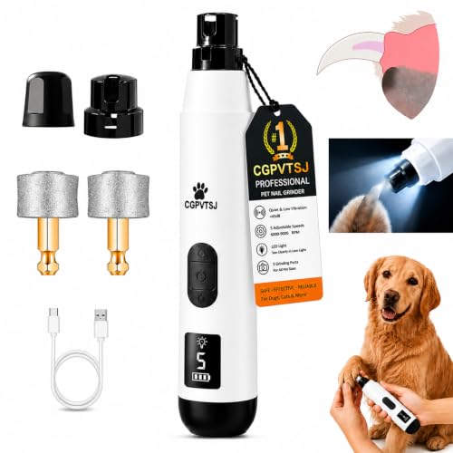 Silent Pro Nail Grinder for Dog Quiet Trimmers File 5 Speed Pet Clippers to Cats Grooming Tool Toenail Cutter Electric Whisper Puppy Guard Light Supplies Helper with 2 Sanding Pads Accessories