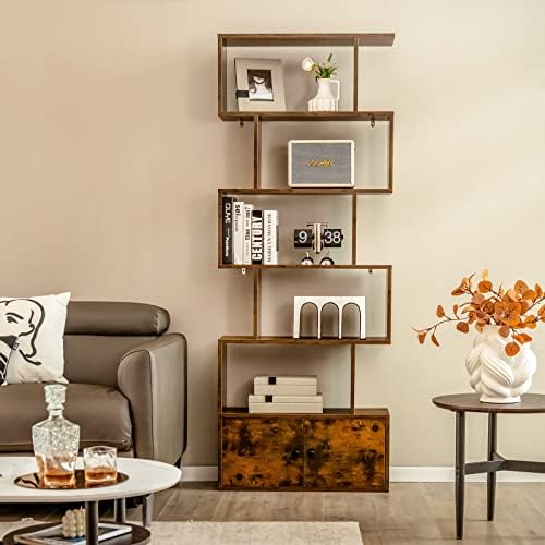 COSTWAY Wooden Bookcase, 5/6-Tier S-Shaped Storage Bookshelf with Cabinet, Freestanding Tall Display Shelf Open Rack Shelving Unit Divider for Living Room, Bedroom and Office (Rustic Brown)