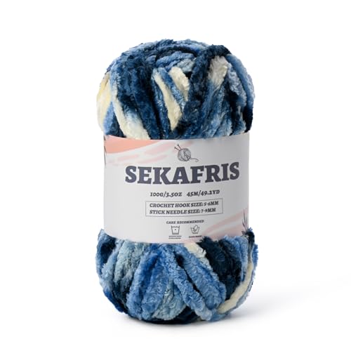 Image of Fuzzy Chunky Chenille Yarn for Crocheting,Soft Plush Yarn for Hand Knitting,Bulky 100 g(49.2 yd) Baby Blanket Yarn for Crocheting Amigurumi Yarns,Crochet Fluffy Velvet Yarn (Blue-White)