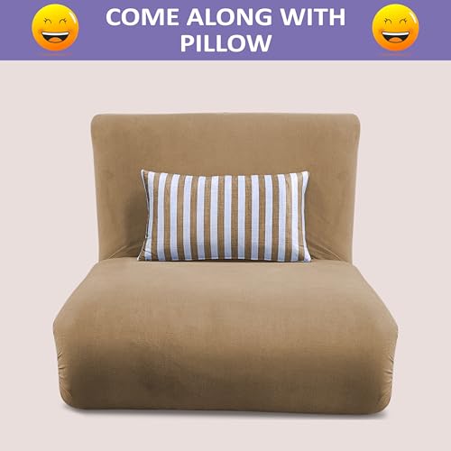 Image of Adorn India Easy Multi Mode 1 Seater Sofa Cum Bed | Velvet Fabric | Beige | Stripes Design | Comfortable Seating | Washable Cover | Perfect for Home & Office