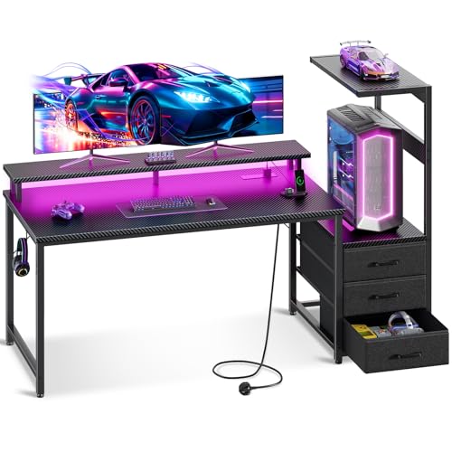 Coleshome - Coleshome 150×50 cm Gaming Desk with LED Lights & Power Outlet, Reversible Computer Desk with Drawers, Gaming Table with Storage & Monitor Stand, Carbon Fiber Black
