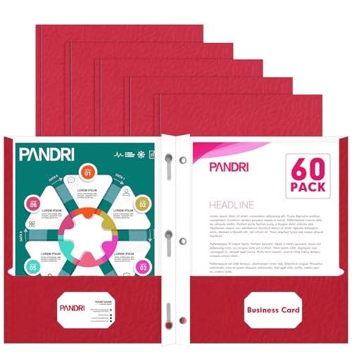 Two Pocket Folders, PANDRI 60 Pack Two Pocket Folders with Prongs, 3 Prong Folders Designed for Office and Classroom, Letter Size Red