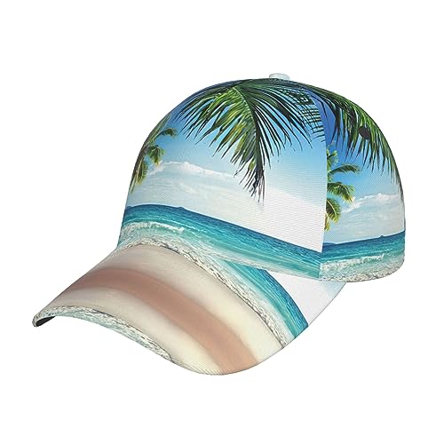 MDATT Men Women Washed Adjustable Dad Hat for Outdoors,Flat Bill Snapback with High Ponytail Design,Tropical Palm Tree Hawaii Beach