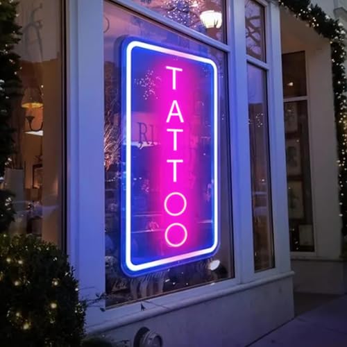 Image of Neon Tattoo Light,LED Arylic Tattoo Neon Sign for Tattoo Shop Door Wall Light up Decor,Reusable and Dimmable Tattoo Gifts for Tattoo Lover,Tattoo Decor Shop Sign Open,16x9In(Blue+Pink Tattoo)