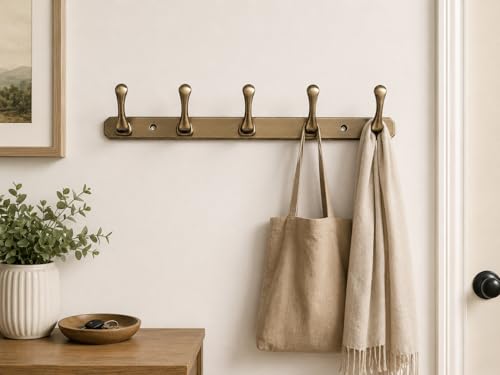 Image of ELUVIA Zinc Alloy 6 Hook Wall Hook Rail, Heavy Duty Wall Mounted Coat Hook for Clothes, Towels, Keys & Bags, Antique Brass Finish, Bathroom Kitchen Bedroom Organizer (Pack of 1)
