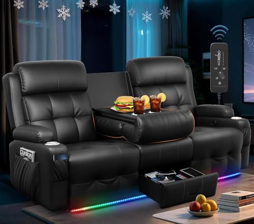 Image of Loveseat Recliner Sofa, Home Theater Seating with Massage, 3 Seat Reclining Loveseats with Flip Backrest, Wall Hugger RV Couch Theater Chairs, RV Furniture Sofas with USB, Cup Holders for Gaming Room