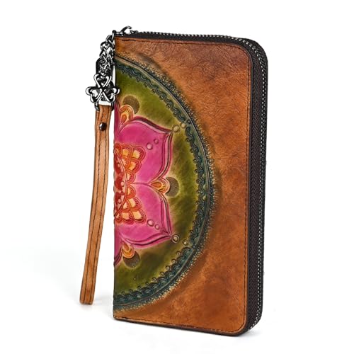 Genuine Top-Grain Leather Wallet for Women Vintage Brown Embossed Bifold, Large Capacity with 12 Card Slots & Cash Pocket, Classic Retro Design(BROWN)3