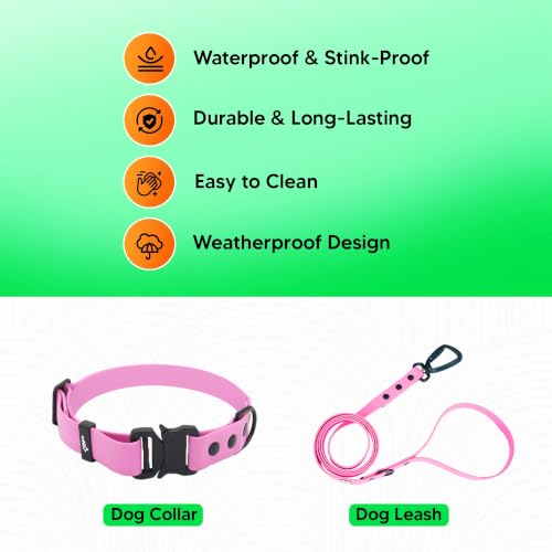 Image of Adil's Biothane Waterproof Dog Collar, Dog Leash & Collar Leash Combo | Heavy Duty TPU Coated Webbing | Adjustable Quick Release Buckle | Odour Resistant (Pink, M-18, Collar & Leash Combo)